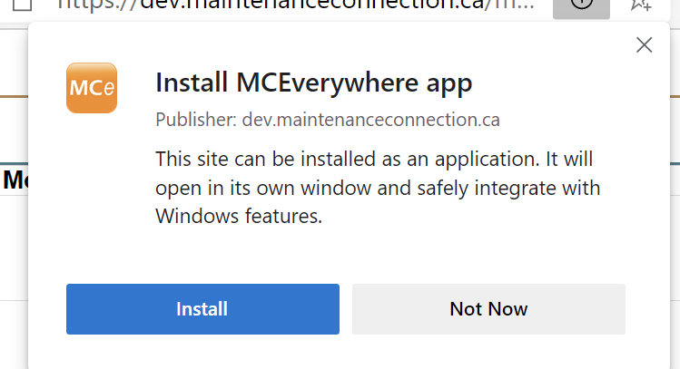 MCe Install Prompt in New Edge
